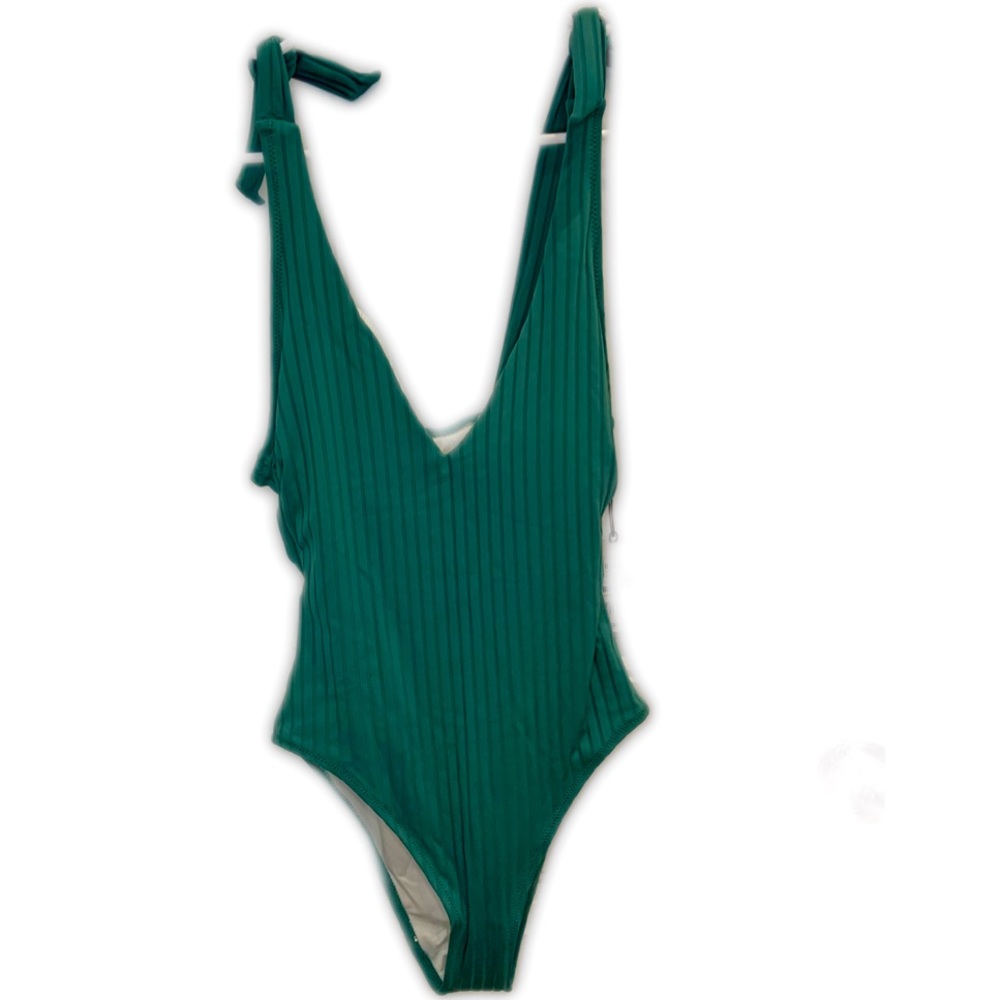 Shade & Shore green ribbed one piece swimsuit with back cut out NWT